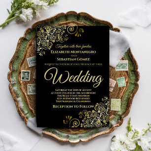 Invitation Mariage noir simple chic avec frisures dorées