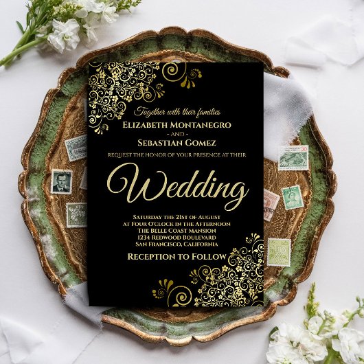 Invitation Mariage noir simple chic avec frisures dorées