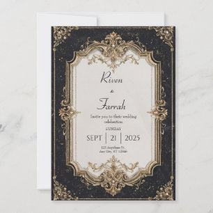 Invitation Mariage noir-tie baroque sculptural à barre d'or o