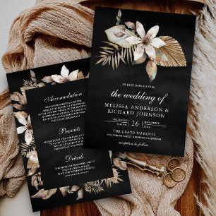 Invitation Mariage noir tout-en-un floral à palme séchée Boho