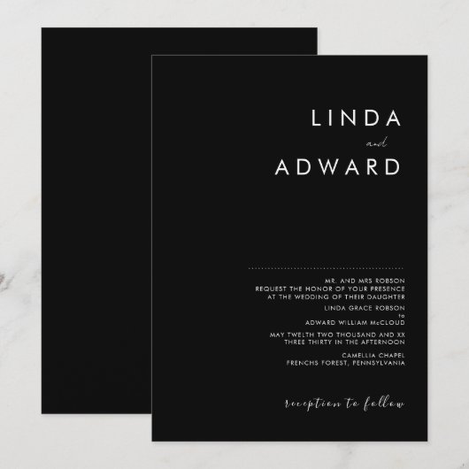 Invitation Mariage noir traditionnel minimaliste moderne (Devant / Derrière)