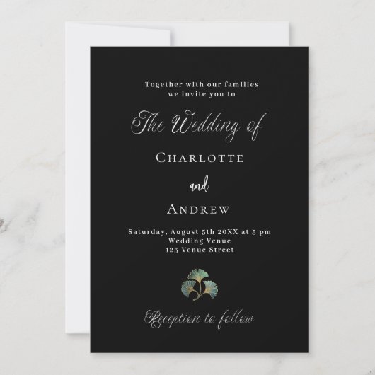 Invitation Mariage noir vert ginkgo feuille script simple (Devant)