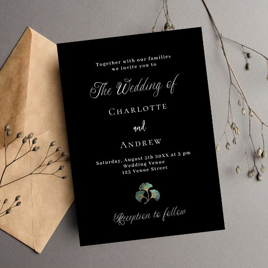 Invitation Mariage noir vert ginkgo feuille script simple