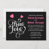 Invitation Mariage noir Vrai Amour Coeurs roses Typographie (Devant)