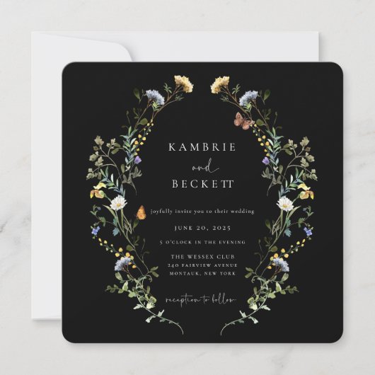 Invitation Mariage noir Wild Meadow Wreath (Devant)