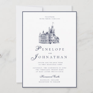 Invitation Mariage Nom Château Vintage Ancien Argent Script