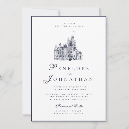 Invitation Mariage Nom Château Vintage Ancien Argent Script (Devant)
