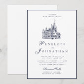 Invitation Mariage Nom Château Vintage Ancien Argent Script (Devant / Derrière)
