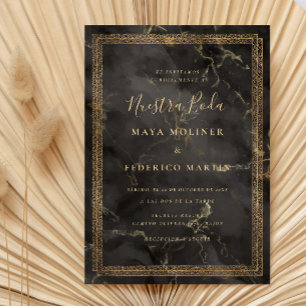 Invitation Mariage Nuestra Boda Orné Vintage Or Or Noir