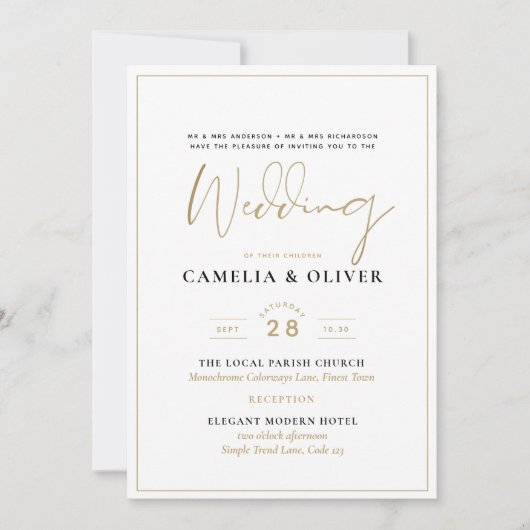 Invitation Mariage numérique ou imprimé en or blanc classique (Devant)