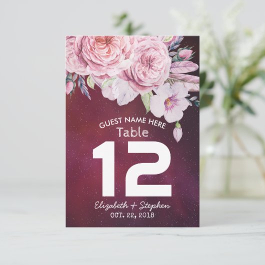 Invitation Mariage Numéro de tableau Plumes florales Lumières (Debout devant)