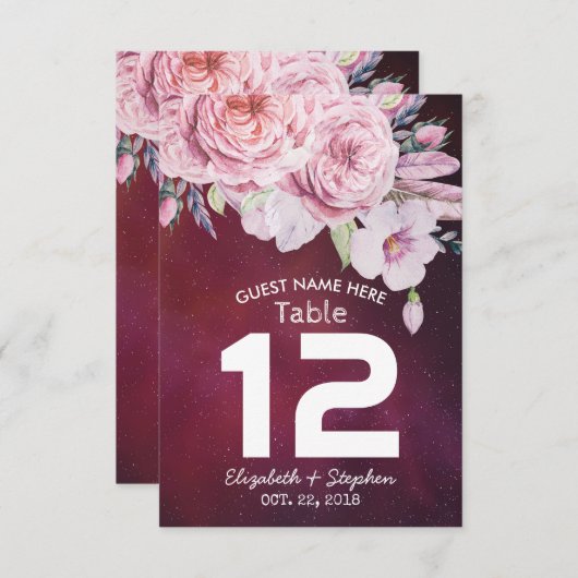 Invitation Mariage Numéro de tableau Plumes florales Lumières (Devant / Derrière)