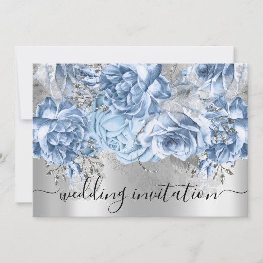 Invitation Mariage nuptial bleu gris argenté Roses floraux (Devant)