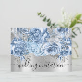 Invitation Mariage nuptial bleu gris argenté Roses floraux (Debout devant)