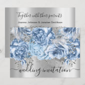 Invitation Mariage nuptial bleu gris argenté Roses floraux (Devant / Derrière)