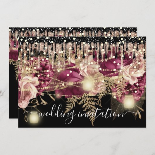 Invitation Mariage nuptiale Rose Drift rose Marsala lumières (Devant / Derrière)