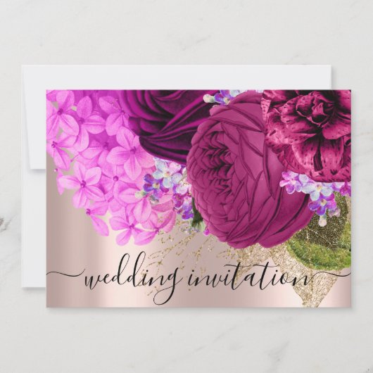 Invitation Mariage nuptiale rose Fleurs vertes Roses (Devant)