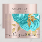 Invitation Mariage nuptiale Royal Blue Aqua Roses d'or (Devant / Derrière)