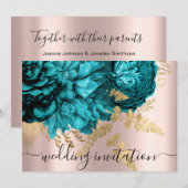 Invitation Mariage nuptiale Turquoise Blue Gold Rose Peony (Devant / Derrière)