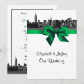 Invitation Mariage NYC Skyline Large Gravé BW Vert (Devant / Derrière)