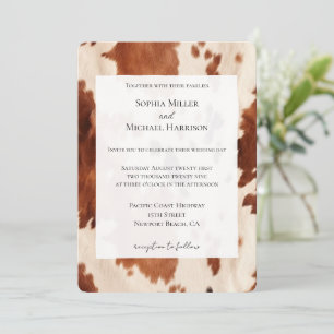 Invitation Mariage occidental en cuir de vache marron crème d