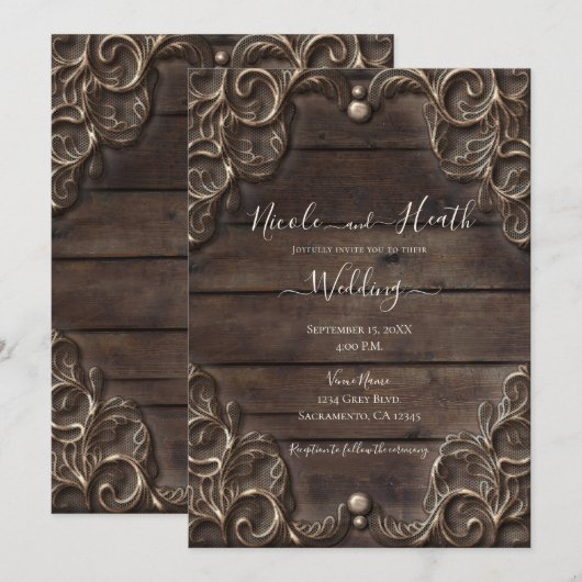 Invitation Mariage Occidental Rustique Vintage Bois Sombre et (Devant / Derrière)