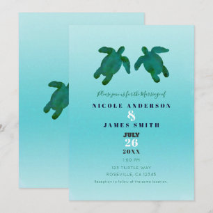 Invitation Mariage Océan Aquarelle Bleu Vert Tortues Marines