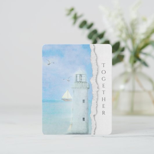 Invitation mariage-océan phare et voilier (Debout devant)