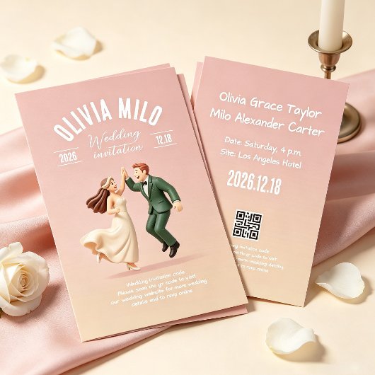 Invitation mariage oeuvre d'art rose mains entrelacées