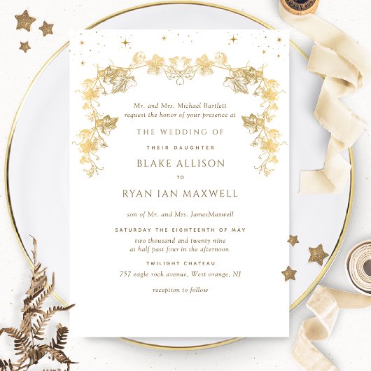 Invitation Mariage officiel céleste enchanteur blanc et or