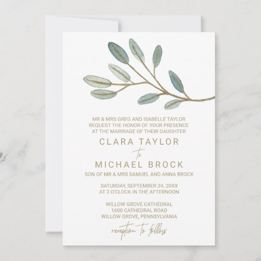 Invitation Mariage officiel de l'eucalyptus veiné d'or (Devant)
