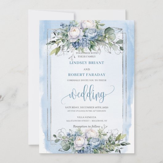 Invitation Mariage officiel Dusty Blue Silver Fleurs (Devant)