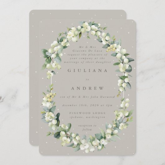 Invitation Mariage officiel Greige/Taupe Snowberry+Eucalyptus (Devant / Derrière)