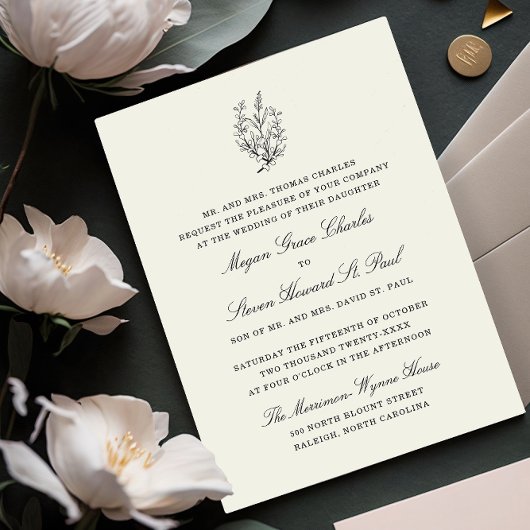 Invitation Mariage officiel noir et blanc fleur sauvage