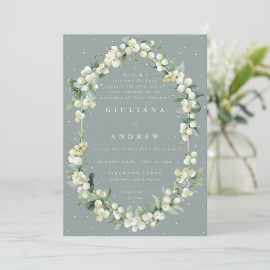 Invitation Mariage officiel Seafoam Green Snowberry+Eucalyptu (Debout devant)