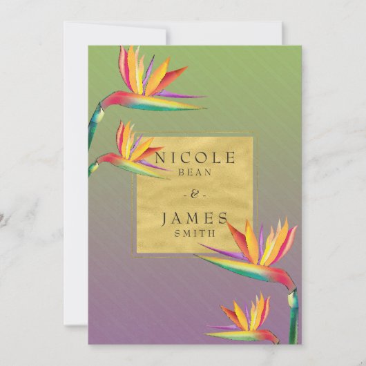 Invitation Mariage oiseau de paradis or violet et vert (Devant)