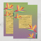Invitation Mariage oiseau de paradis or violet et vert (Devant / Derrière)