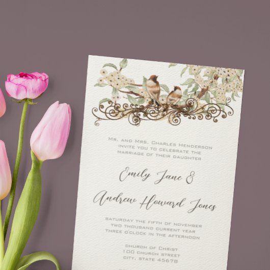 Invitation Mariage Oiseaux de l'Amour Fleur de Cerisier Ivoir