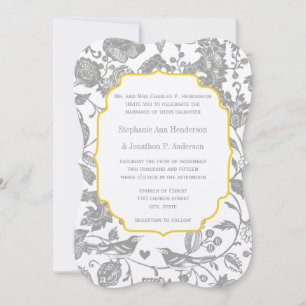 Invitation Mariage Oiseaux de l'Amour Floral Gris et Jaune Vi