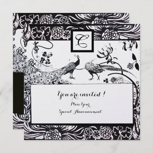 Invitation MARIAGE OISEAUX DE L'AMOUR MONOGRAMME Noir, Perle  (Devant / Derrière)