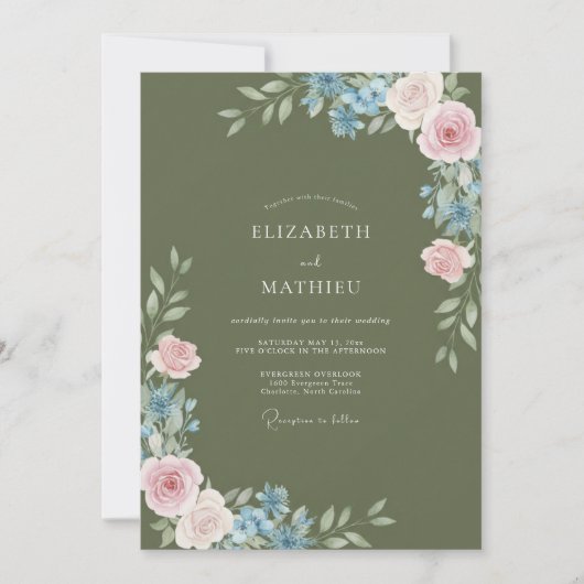 Invitation Mariage Olive Bleuet Ranunculus Eucalyptus (Devant)