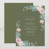 Invitation Mariage Olive Bleuet Ranunculus Eucalyptus (Devant / Derrière)