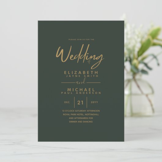 Invitation Mariage Olive Green Or moderne invite (Debout devant)