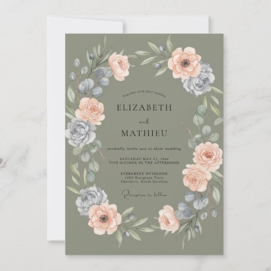 Invitation Mariage Olive Pêche Ranunculus Eucalyptus (Devant)