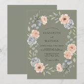 Invitation Mariage Olive Pêche Ranunculus Eucalyptus (Devant / Derrière)