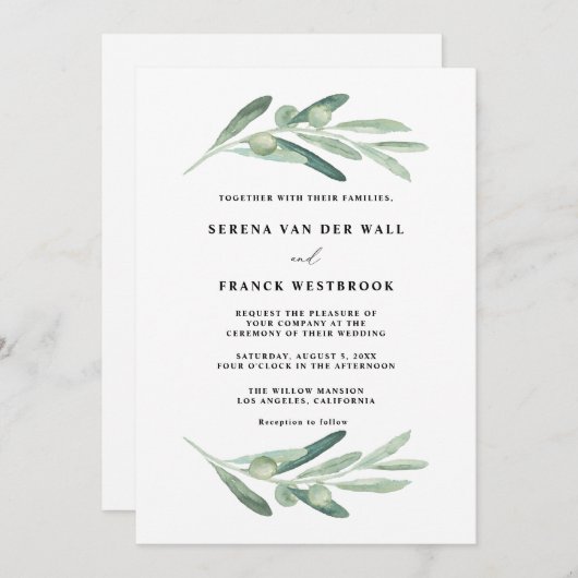 Invitation Mariage Olive rustique (Devant / Derrière)