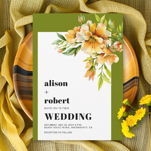 Invitation Mariage olive vert rhododendron jaune orange