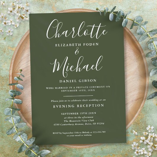 Invitation Mariage Olive Vert Script Réception Uniquement