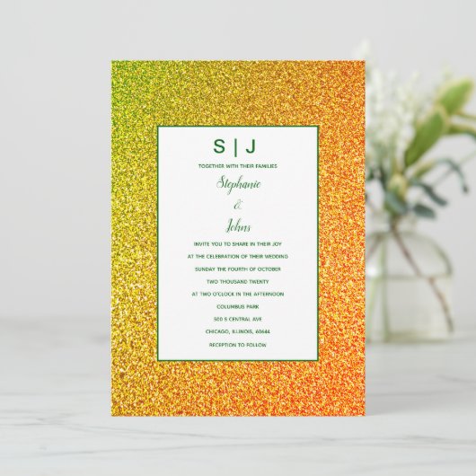 Invitation Mariage Ombre de Parties scintillant jaune or vert (Debout devant)