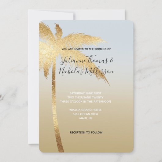 Invitation Mariage Ombre Gold Blue Palm Tree (Devant)